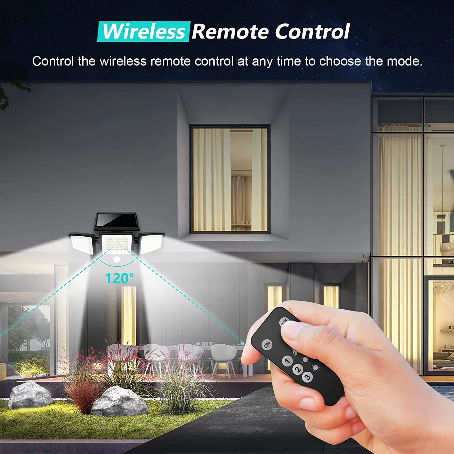 Solar Lights Outdoor - 2500LM Motion Sensor Outdoor Lights with Remote Control 3 Heads LED Security Light 270° Wide Angle Solar Flood Lights (2 Packs)