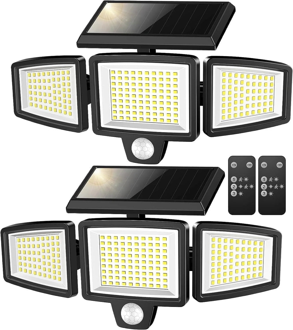 Solar Lights Outdoor - 2500LM Motion Sensor Outdoor Lights with Remote Control 3 Heads LED Security Light 270° Wide Angle Solar Flood Lights (2 Packs)