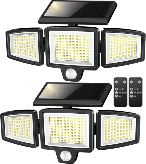 Solar Lights Outdoor - 2500LM Motion Sensor Outdoor Lights with Remote Control 3 Heads LED Security Light 270° Wide Angle Solar Flood Lights (2 Packs)